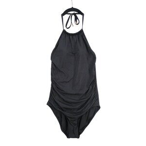 Black Halter One-Piece Swimsuit Ruched Detailing & Gold-Tipped Tie Straps size M